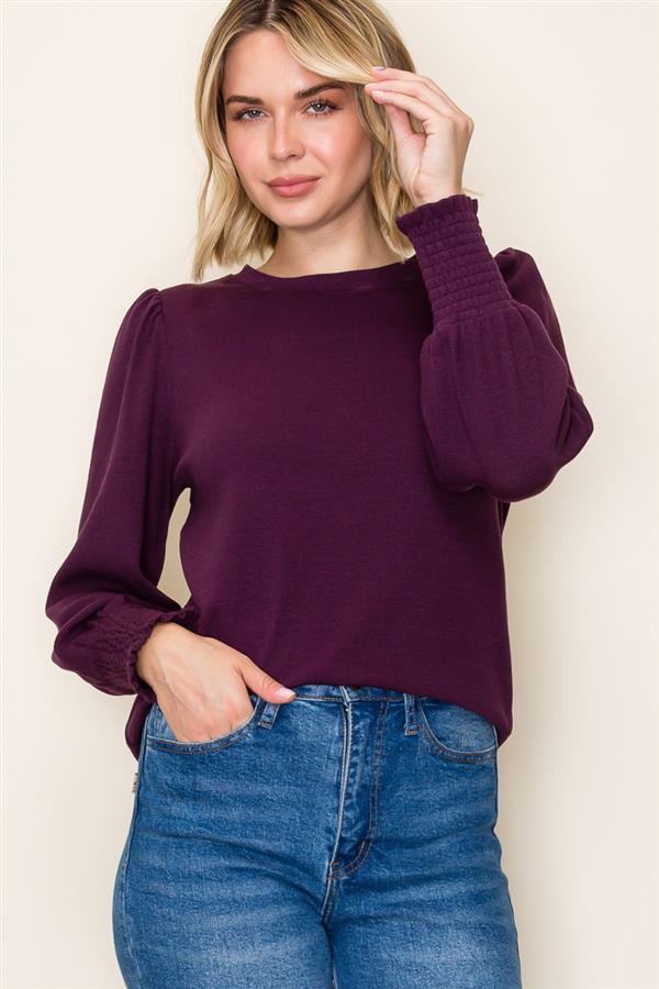 Plum Smocked Cuff Top