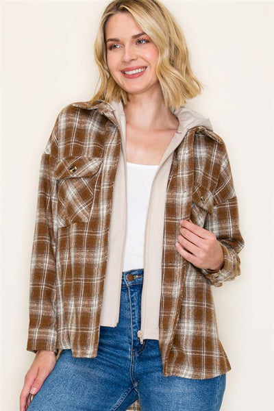 Mocha Plaid Hoodie Shacket