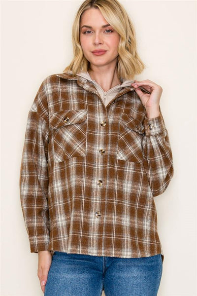 Mocha Plaid Hoodie Shacket