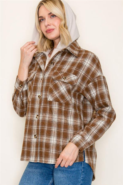 Mocha Plaid Hoodie Shacket