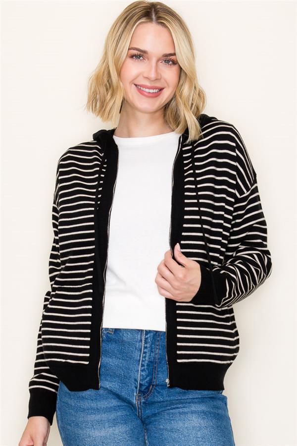 Black Striped Zip Up Sweater