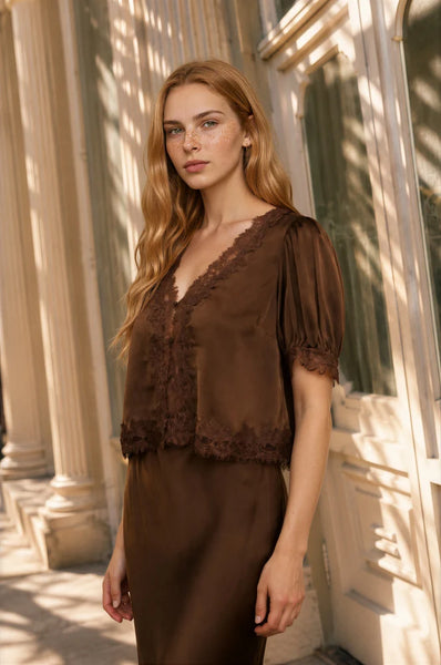 Brown Satin + Lace Top