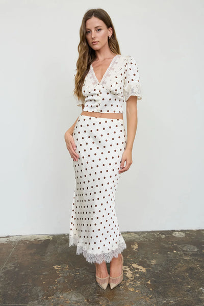 Ivory + Brown Satin Polka Dot Top