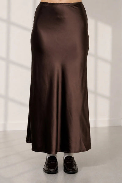 Anaya Brown Satin Maxi Skirt