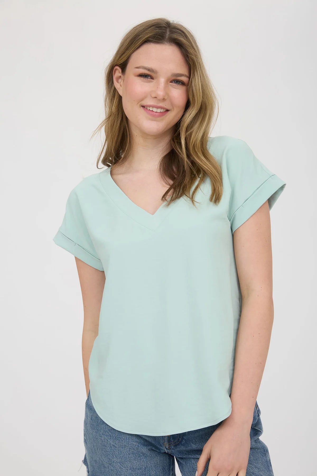 Nova V-Neck Cuff Sleeve Top - Light Sage