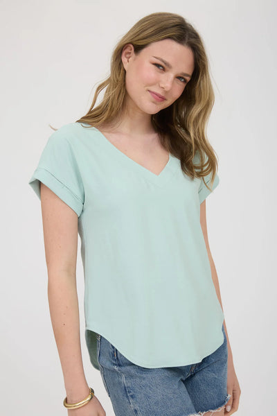 Nova V-Neck Cuff Sleeve Top - Light Sage