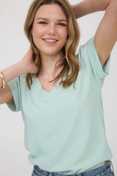 Nova V-Neck Cuff Sleeve Top - Light Sage