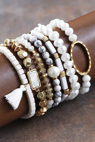 White Turquoise Crystal Beaded Bracelets - Set of 7