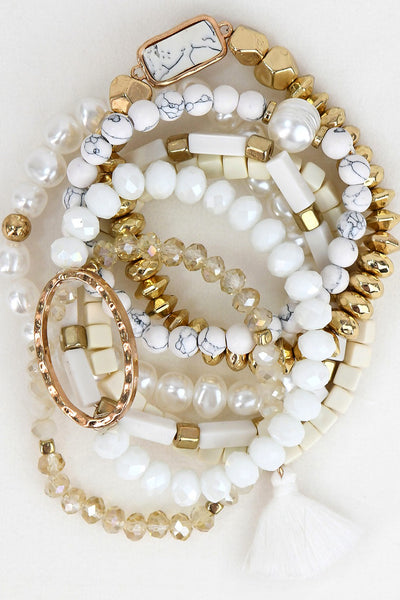 White Turquoise Crystal Beaded Bracelets - Set of 7