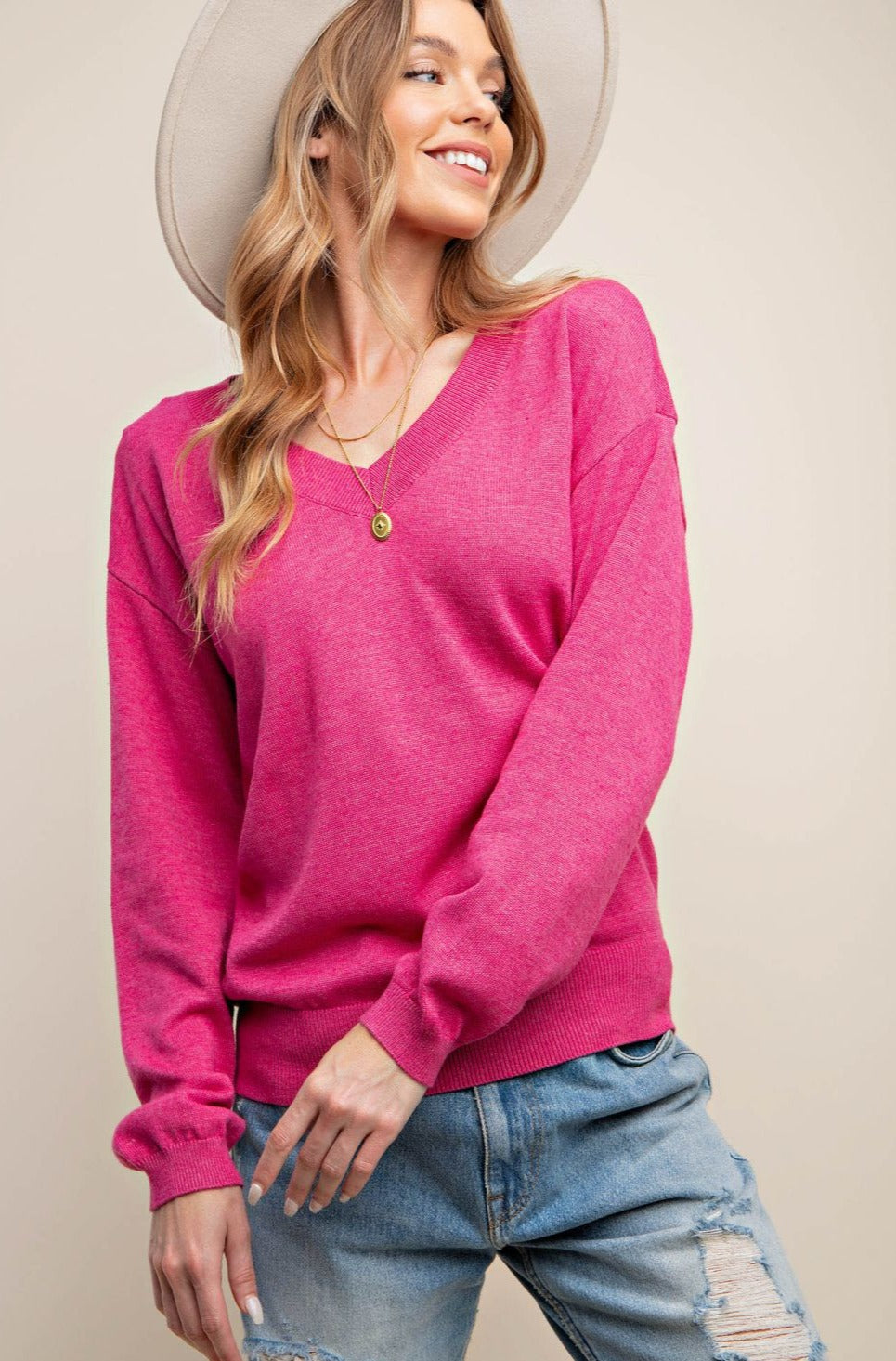 Rebecca V-Neck Sweater - Pink