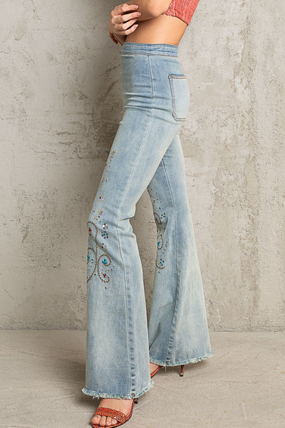 Embroidered + Sequin Flare Jeans