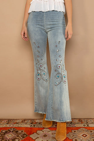 Embroidered + Sequin Flare Jeans