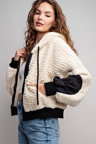 Ivory + Black Fur Bomber Jacket