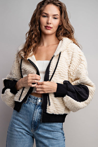 Ivory + Black Fur Bomber Jacket
