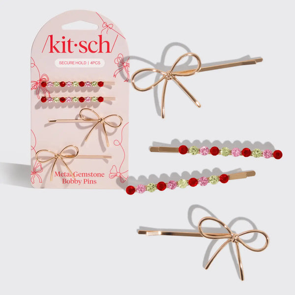 Holiday Gemstone Bow Bobby Pins