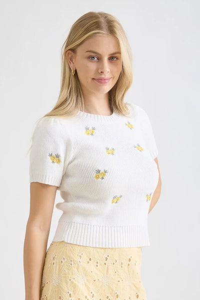 Yellow Flowers Embroidered Knit Top