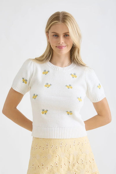 Yellow Flowers Embroidered Knit Top