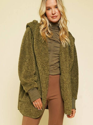 Faux Fur Hoodie Jacket - Olive