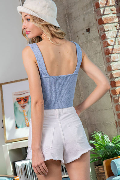 V-Neck Cropped Sweater Tank - Blue