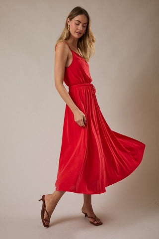 open lace back dress Simple Red Satin Spaghetti Straps Prom Dresses With Slit, Party Dresses,  MP787