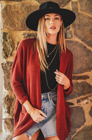 3/4 Sleeve Knit Cardigan - Brick