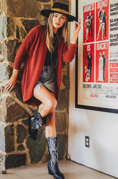 3/4 Sleeve Knit Cardigan - Brick