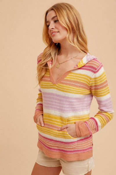 Summer Striped Hoodie Pullover - Berry