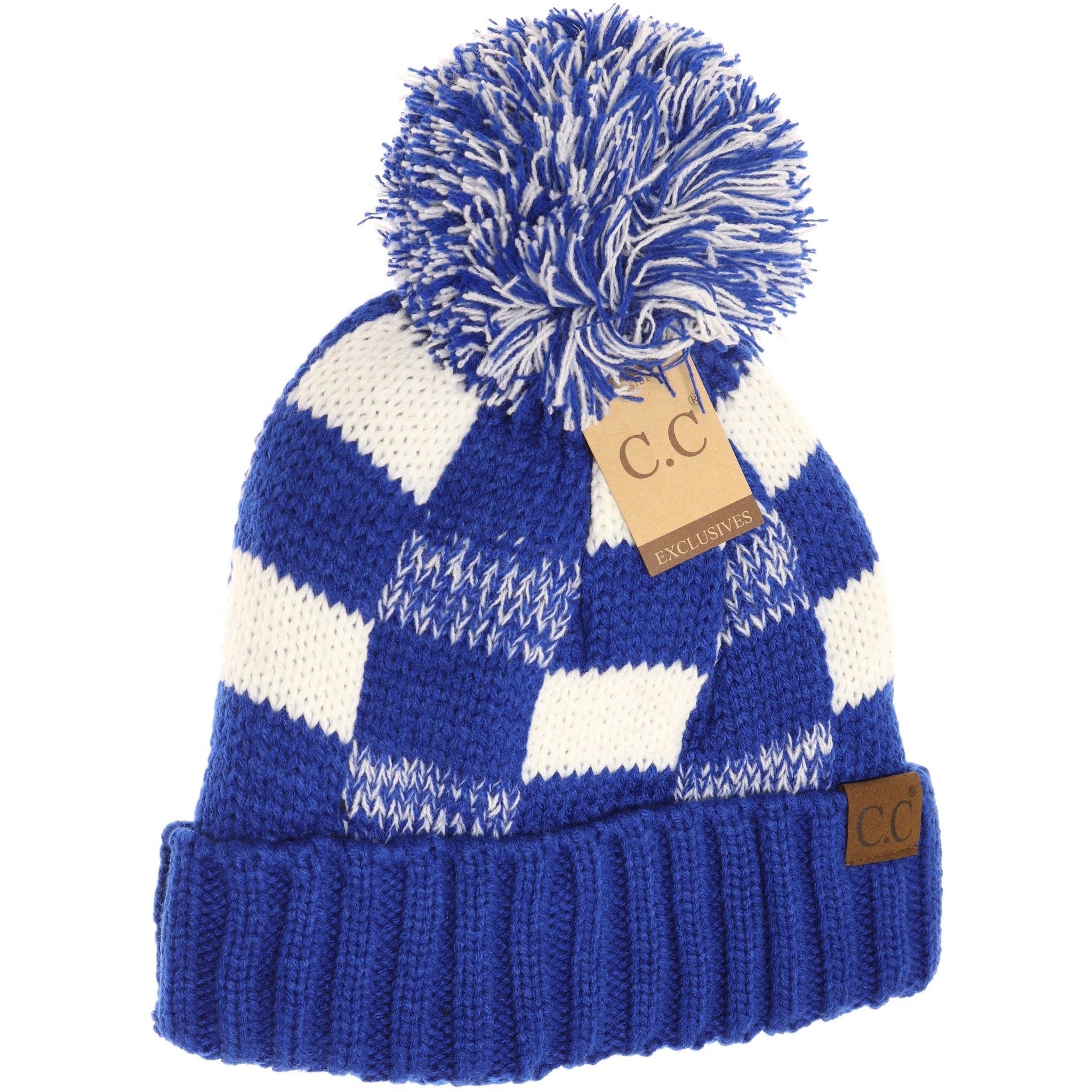 CC Beanie Buffalo Check Pom Hats