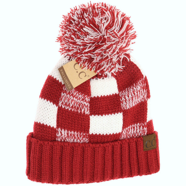 CC Beanie Buffalo Check Pom Hats