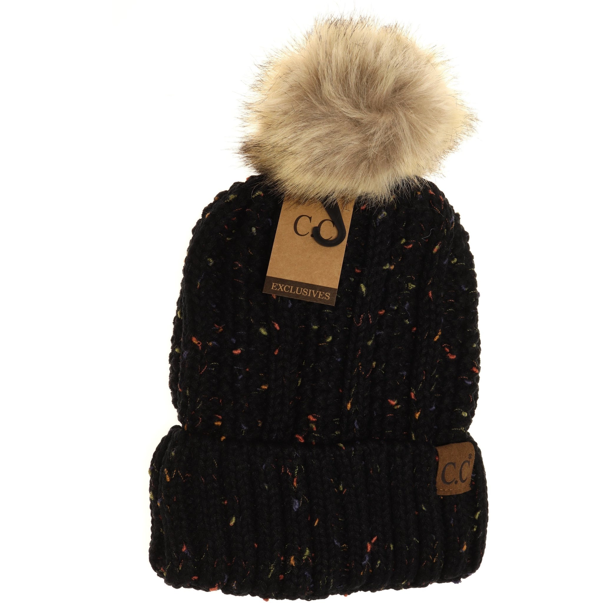?Women Confetti Black Winter Pom Pom Beanie Hat with Warm Fleece Lined XL CC Beanie Fur Pom Hats - Confetti – Details Boutique main image 4
