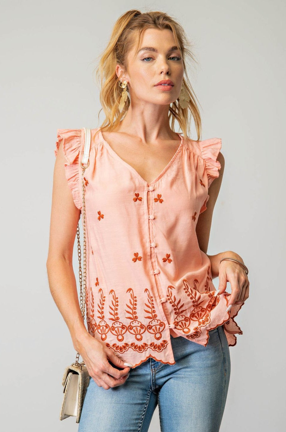 Embroidered Flutter Sleeve Top
