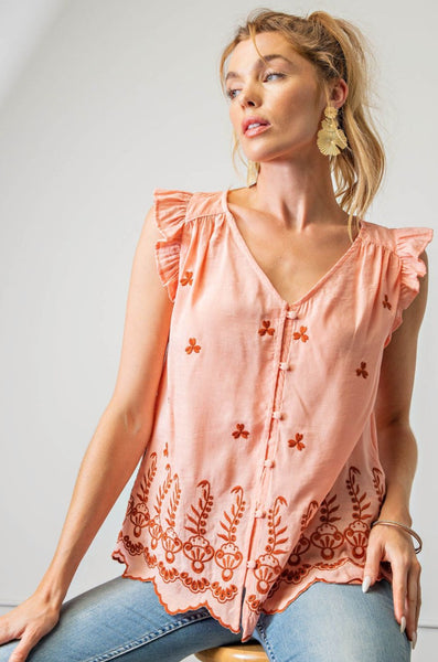 Embroidered Flutter Sleeve Top