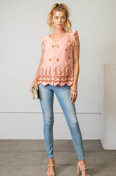 Embroidered Flutter Sleeve Top