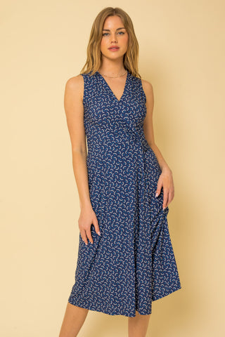 Navy Faux Wrap Midi Dress